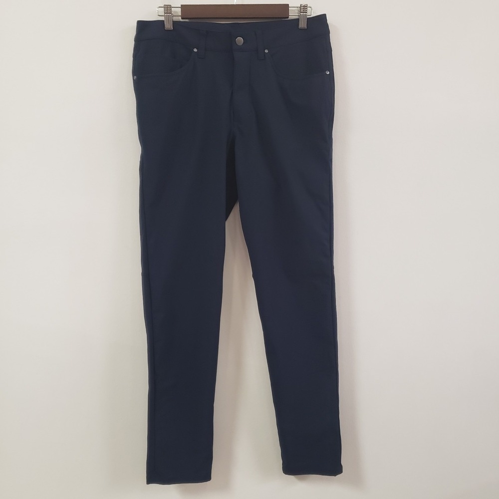 Lululemon Mens ABC Slim Fit Pants Size 32 Navy Blue Flat Front Pockets Stretch